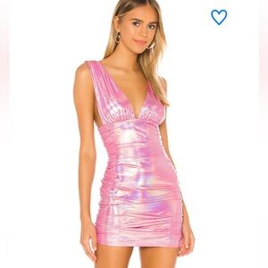 Superdown Kerrie Deep V Dress mini metallic pink ruched party Revolve XL